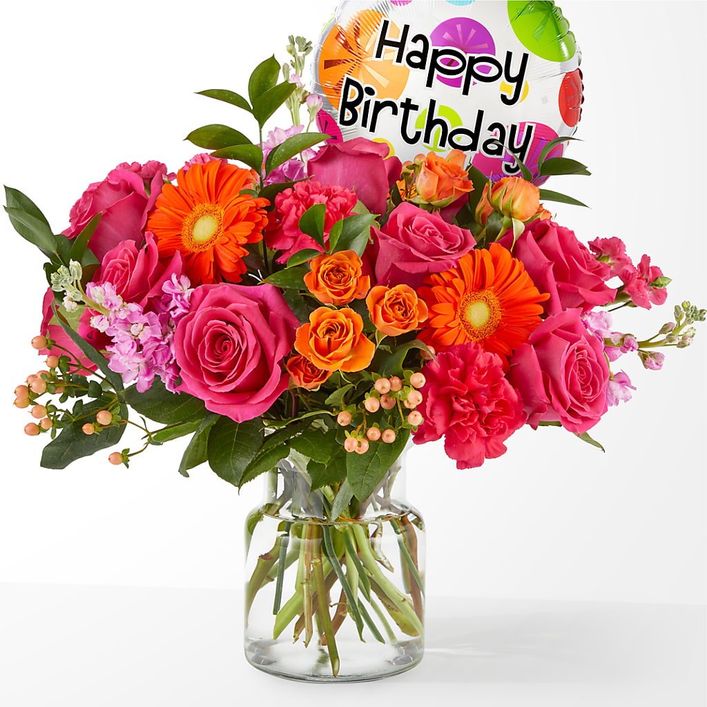 Fiesta Bouquet with Birthday Balloon – DIVINE FLORAL & GIFTS, Arlington TX