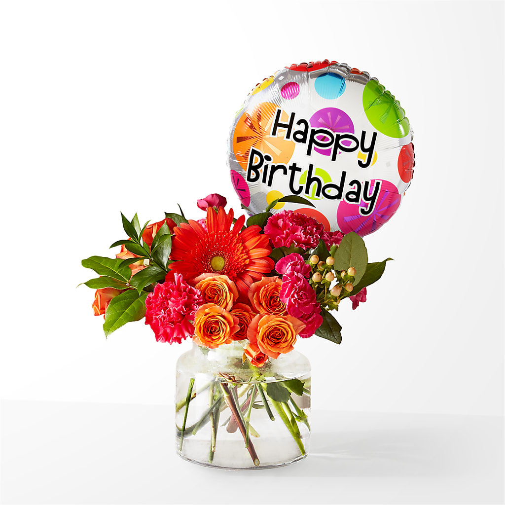 Fiesta Bouquet with Birthday Balloon – DIVINE FLORAL & GIFTS, Arlington TX