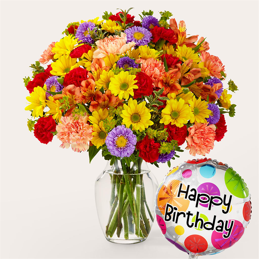Kaleidoscope Bouquet with Birthday Balloon – DIVINE FLORAL & GIFTS, Arlington TX