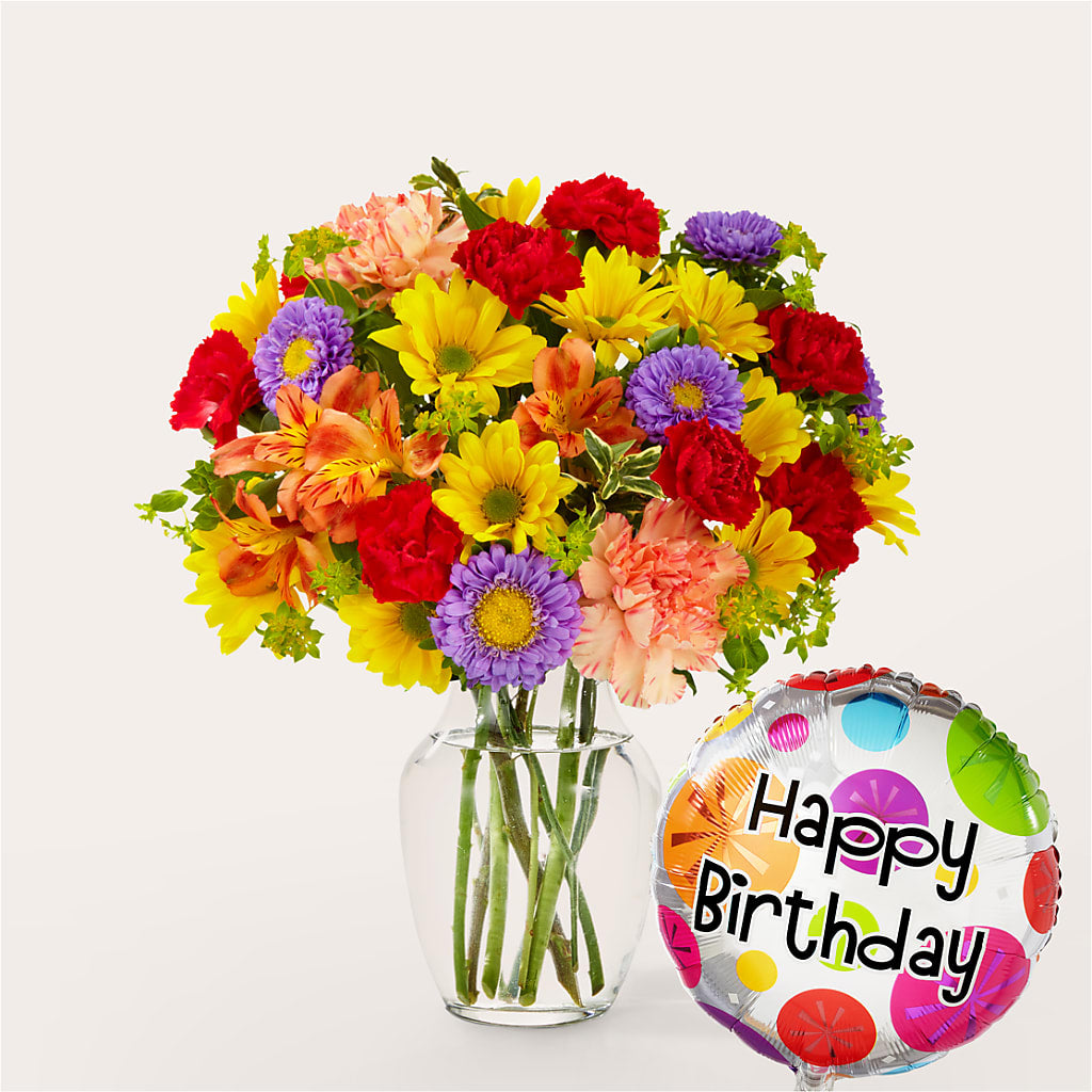 Kaleidoscope Bouquet with Birthday Balloon – DIVINE FLORAL & GIFTS, Arlington TX