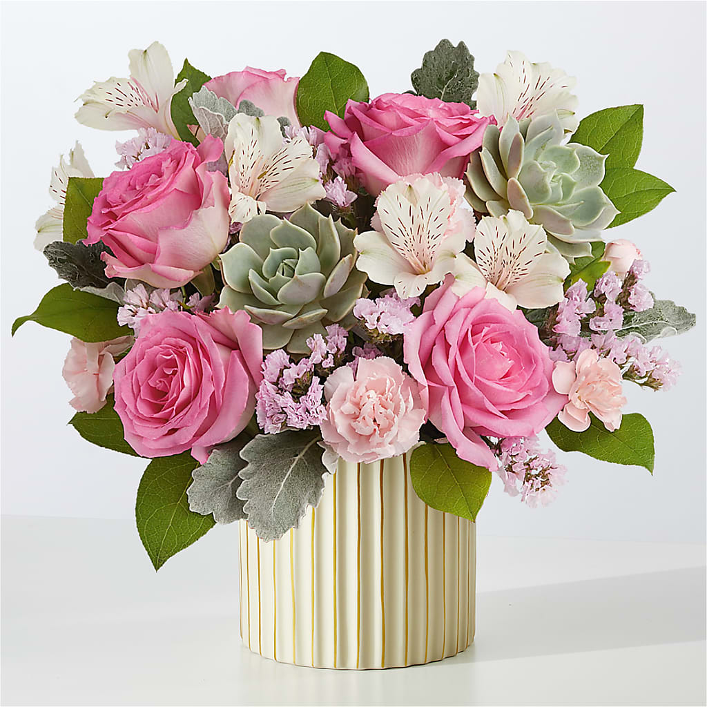 Dusty Rose Bouquet with Ivory Vase – DIVINE FLORAL & GIFTS, Arlington TX